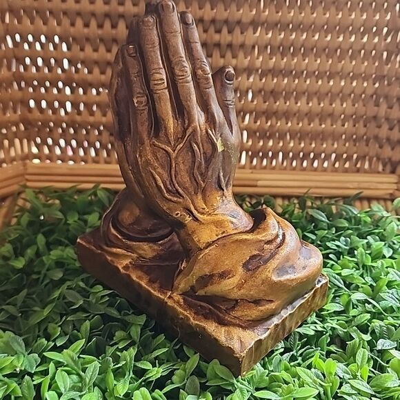 Vintage Chalkware Praying Hands With Bronze/Gold Tone Finish - Picture 1 of 10